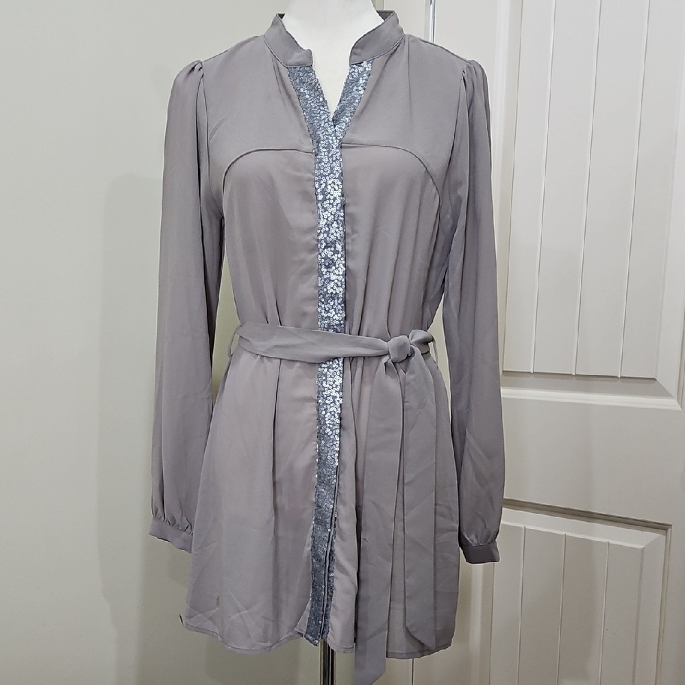 Elegant Gray Women's Top with Sequin Trim